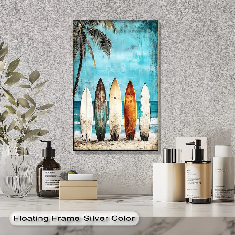 Bold tones meet coastal chill in this framed canvas surf scene.