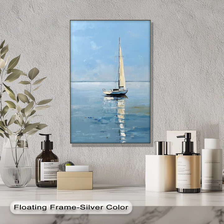 Solitary Sail – Tranquil Seascape with Reflection Boat Canvas Print - MyPhotoStation