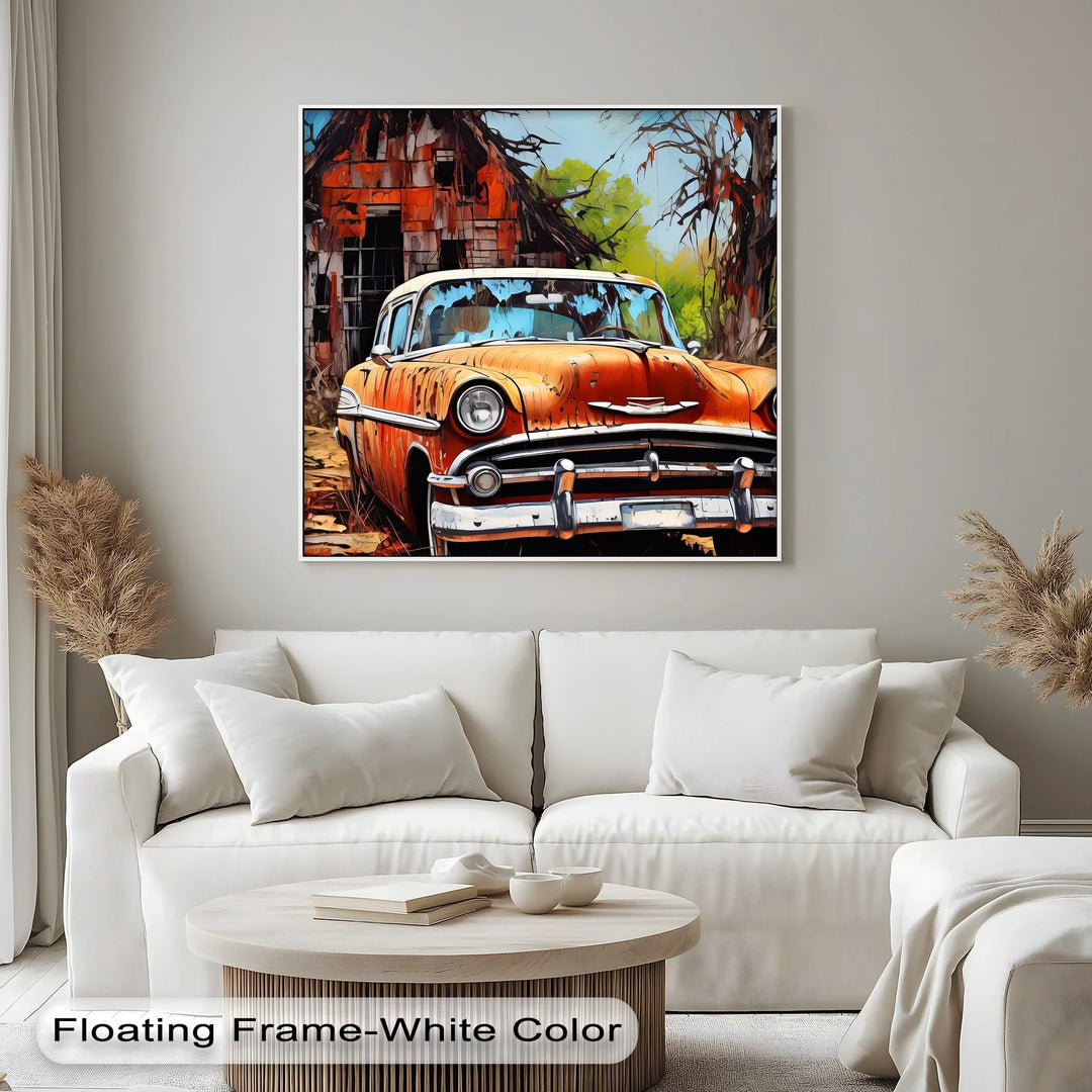 Rust & Remnants – Abandoned Vintage Chevy by a Forgotten Barn Canvas Print - MyPhotoStation