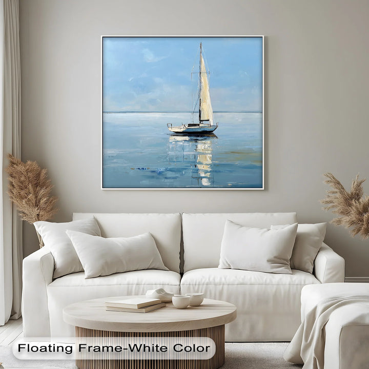 Solitary Sail – Tranquil Seascape with Reflection Boat Canvas Print - MyPhotoStation