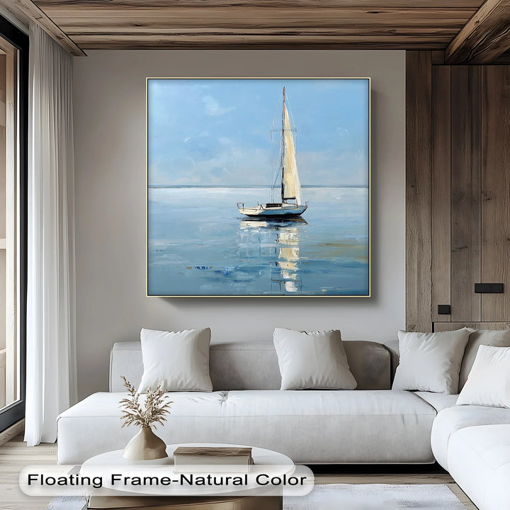 Solitary Sail – Tranquil Seascape with Reflection Boat Canvas Print - MyPhotoStation