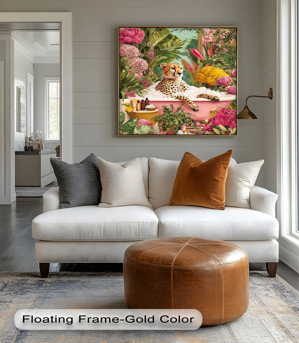 Cheetah in Pink Bathtub – Whimsical Jungle-Inspired Canvas Print - MyPhotoStation