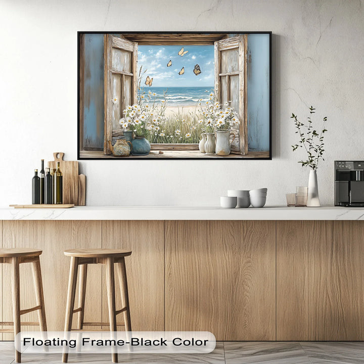 Butterflies by the Shore – Vintage Window View Kitchen Canvas Print - MyPhotoStation