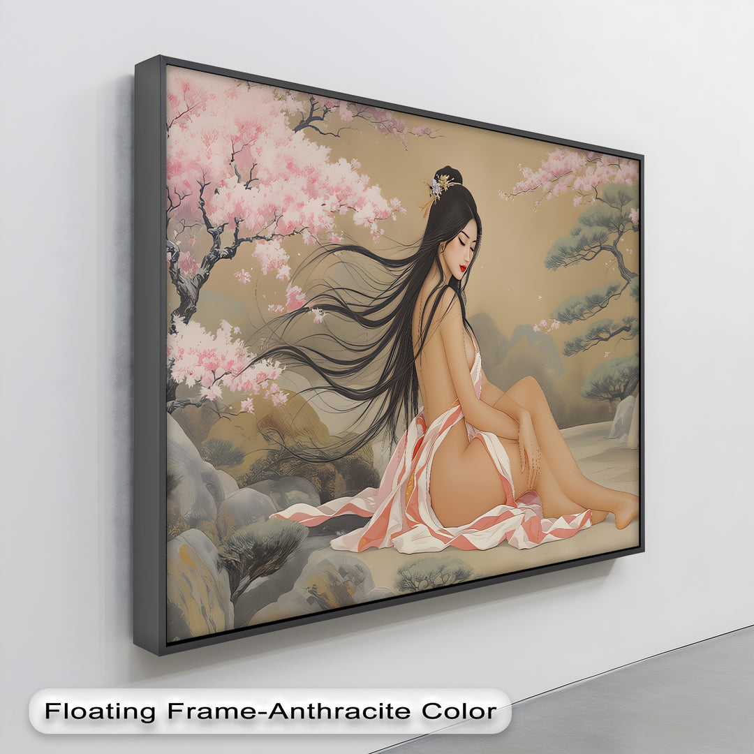Asian Woman with Cherry Blossoms – Erotic Canvas Wall Art | Nude Art