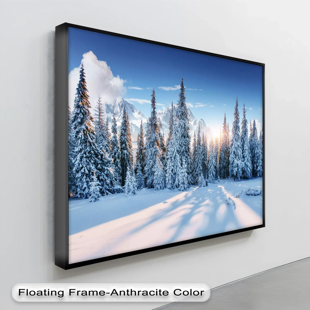 Silent Pines in Winter Sun – Snowy Forest Landscape Canvas Print