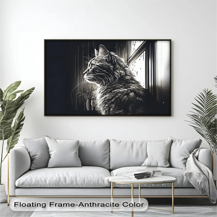 Cat Looking Out the Window in Monochrome - Cat Canvas Print - MyPhotoStation