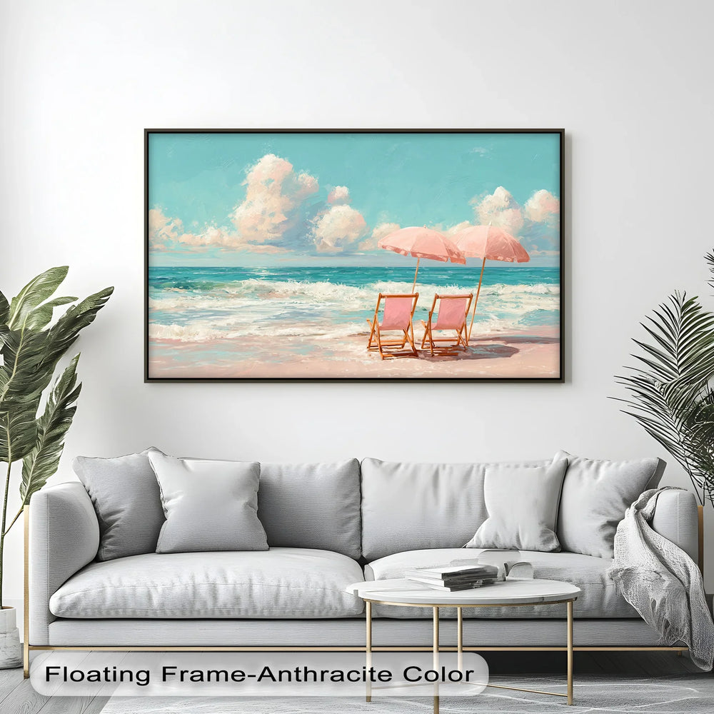 Serene Beach Escape with Pink Umbrellas – Seaside Canvas Print - MyPhotoStation