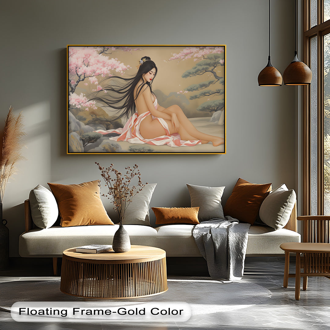 Asian Woman with Cherry Blossoms – Erotic Canvas Wall Art | Nude Art