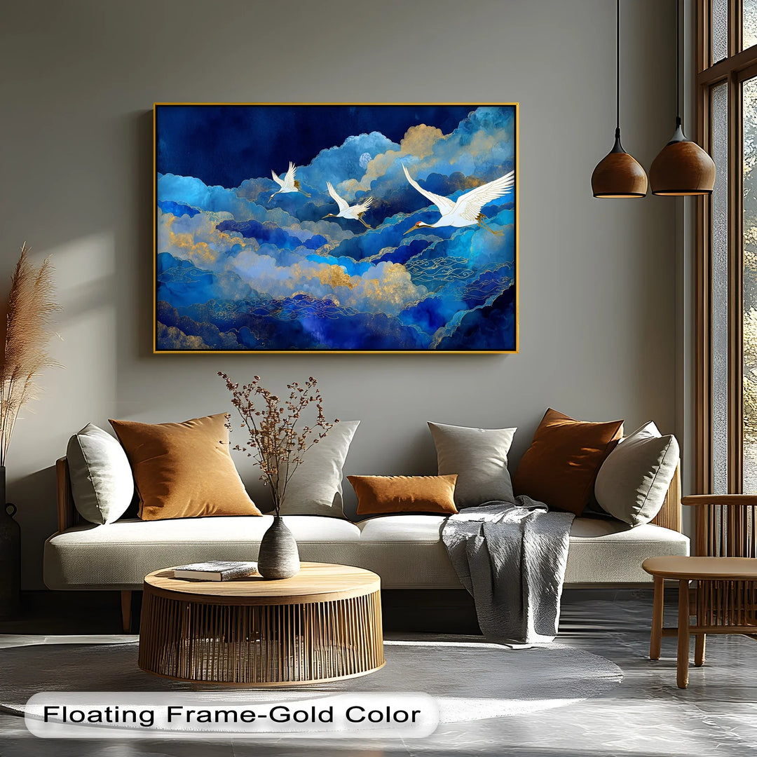 Celestial Cranes in Blue Skies – Elegant Flying Birds Canvas Print - MyPhotoStation