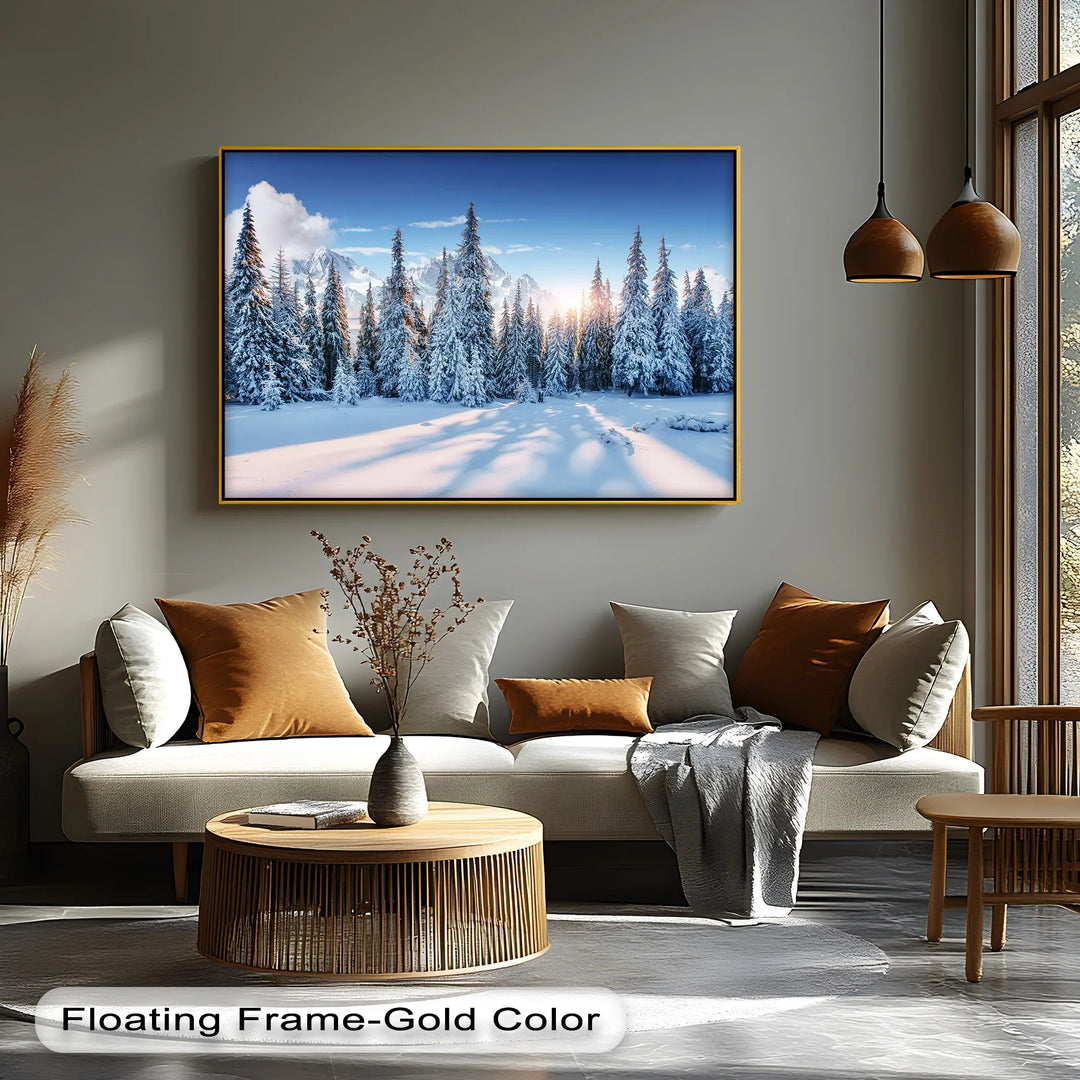 Silent Pines in Winter Sun – Snowy Forest Landscape Canvas Print