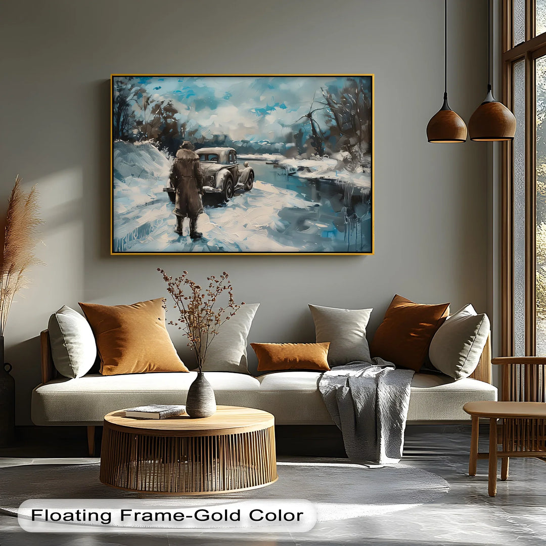 Vintage Car Scene in Snowy Landscape - Car Canvas Print