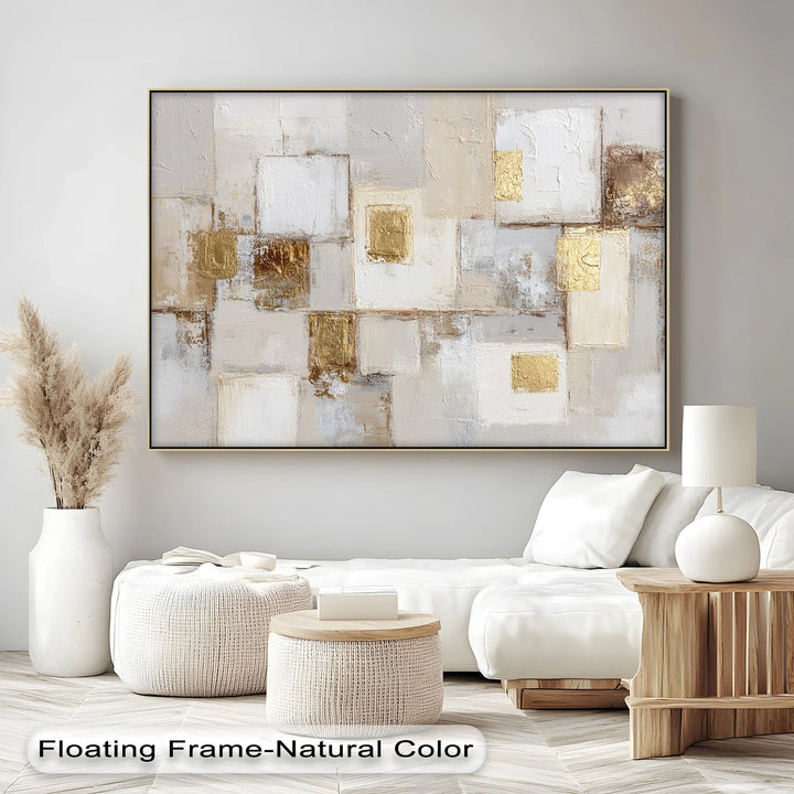 Elegant abstract wall decor in beige and white tones with metallic gold