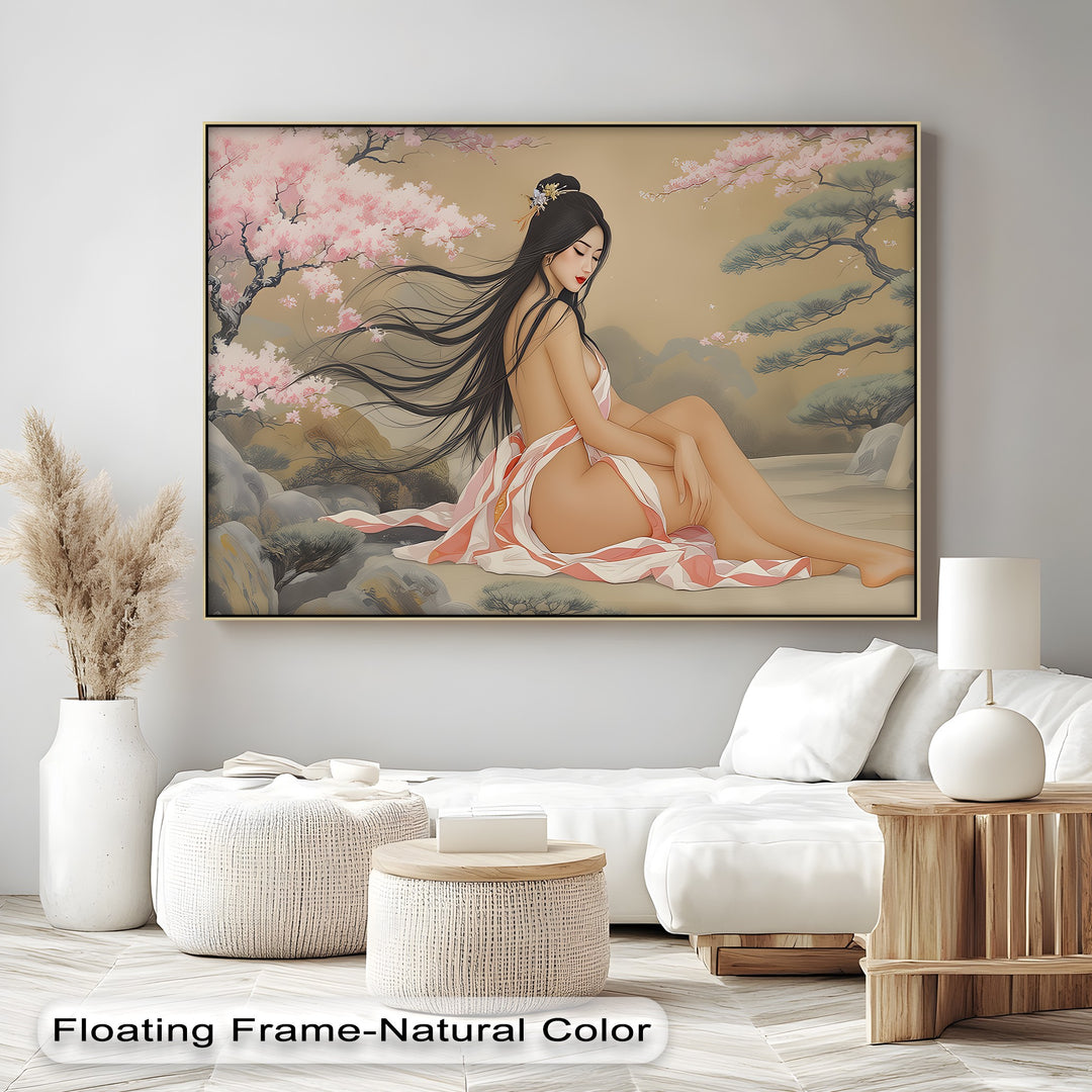 Asian Woman with Cherry Blossoms – Erotic Canvas Wall Art | Nude Art