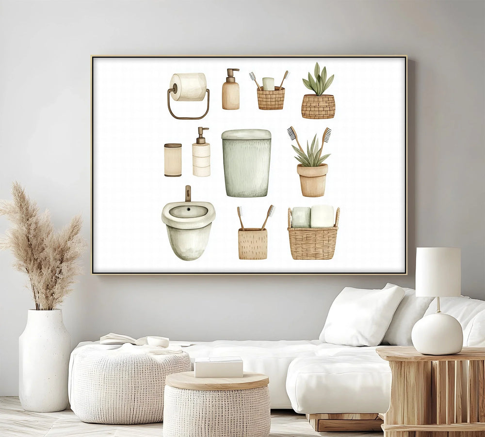 This minimalist bathroom canvas print features neutral tones and spa-style accessories—perfect for bringing calm, clean design to modern American interiors.