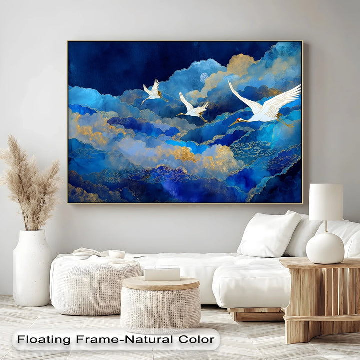 Celestial Cranes in Blue Skies – Elegant Flying Birds Canvas Print - MyPhotoStation