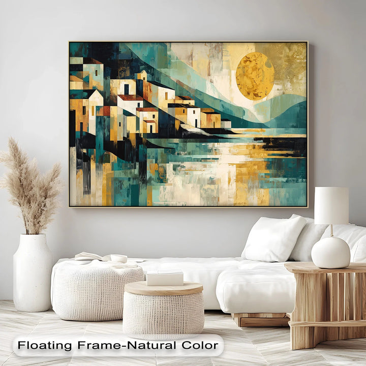 Geometric Mediterranean town painting in bold brush strokes