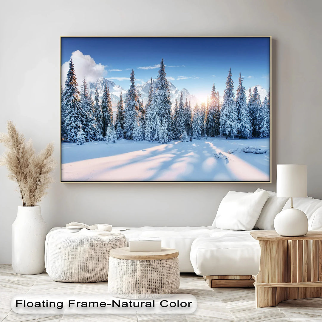 Silent Pines in Winter Sun – Snowy Forest Landscape Canvas Print