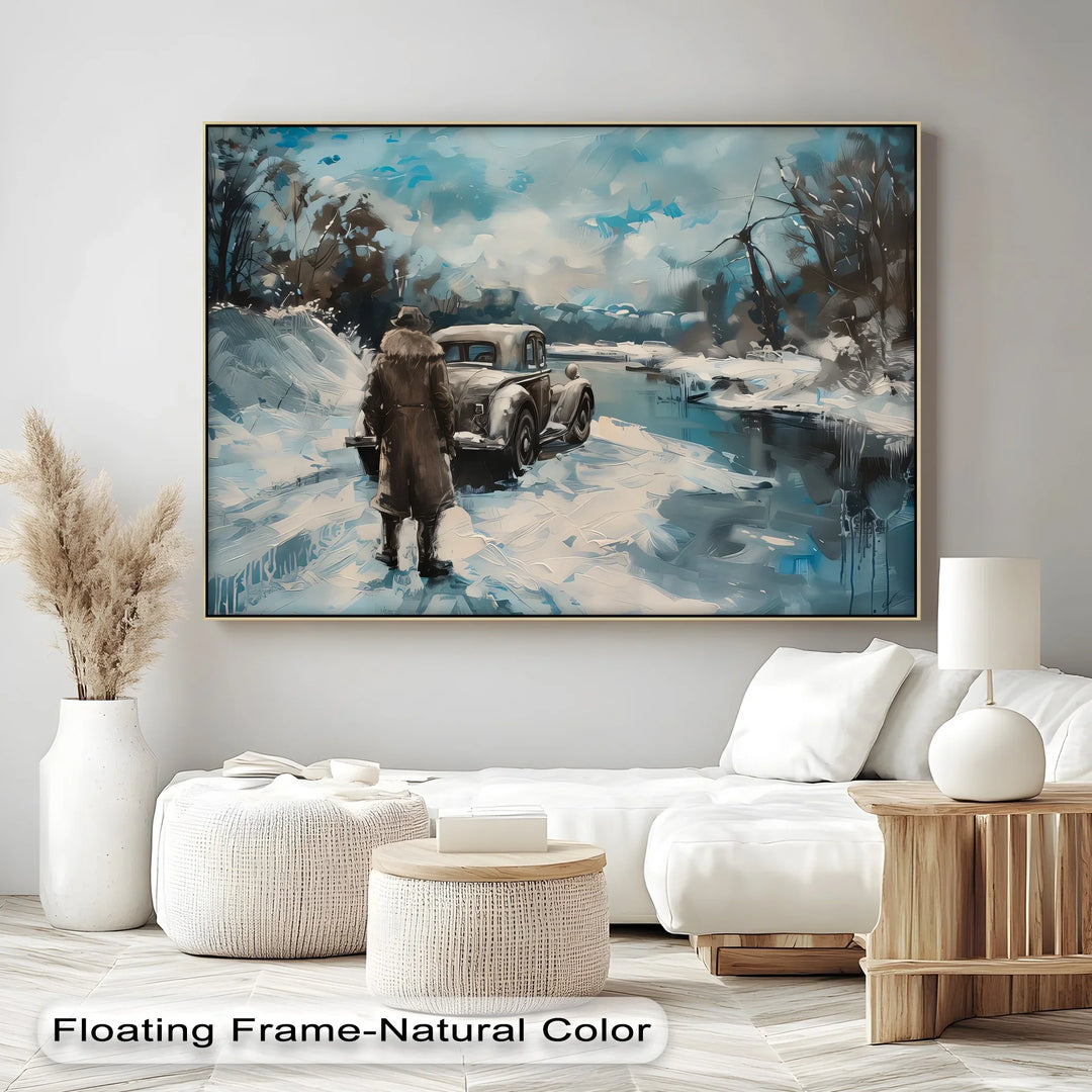 Vintage Car Scene in Snowy Landscape - Car Canvas Print