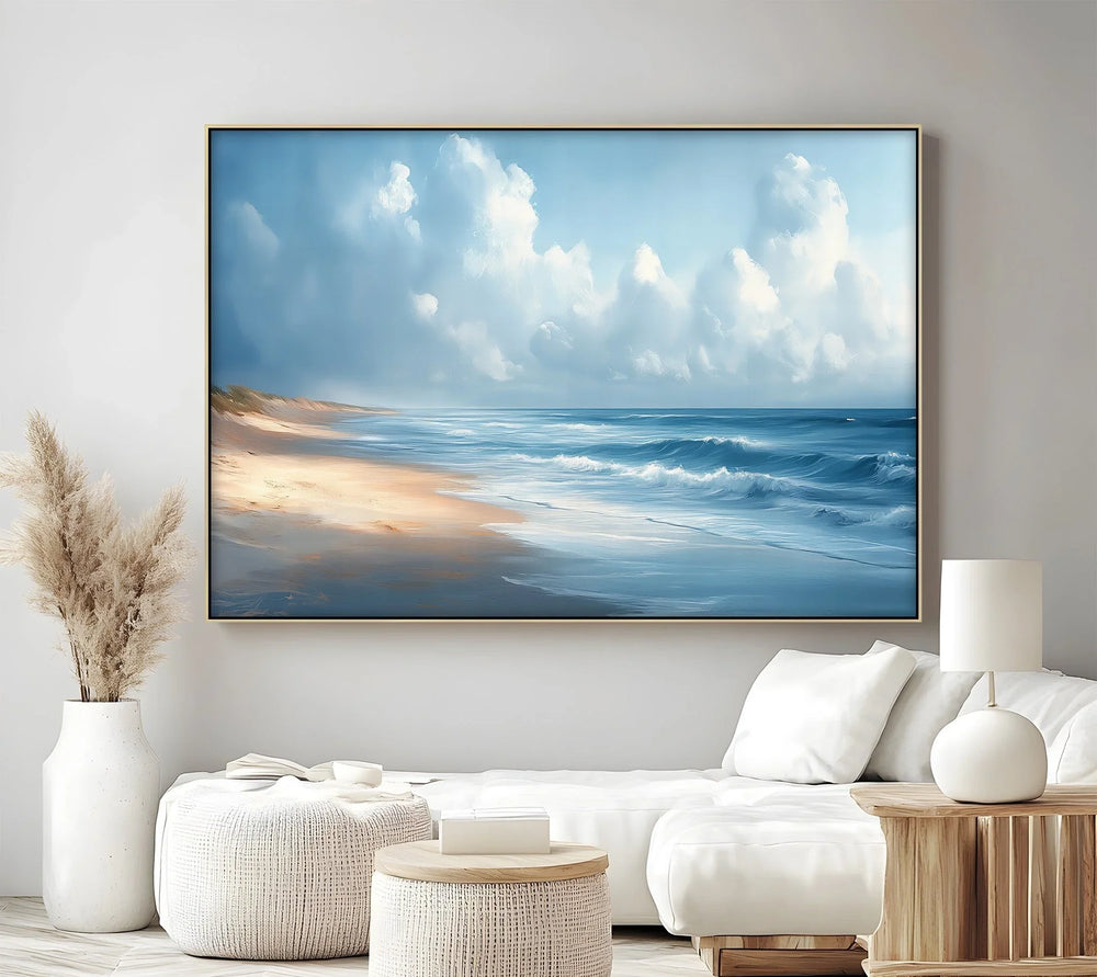 This tranquil beach canvas brings a serene atmosphere to your space with its soft horizon, blue tones, and peaceful shoreline, ideal for modern wall decor.