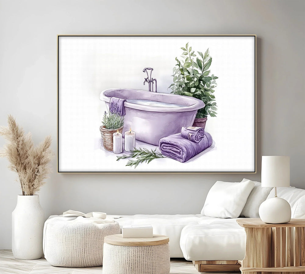 Transform your space into a spa-like retreat with this lavender bathtub canvas wall art, perfect for calming modern bathrooms or self-care corners.