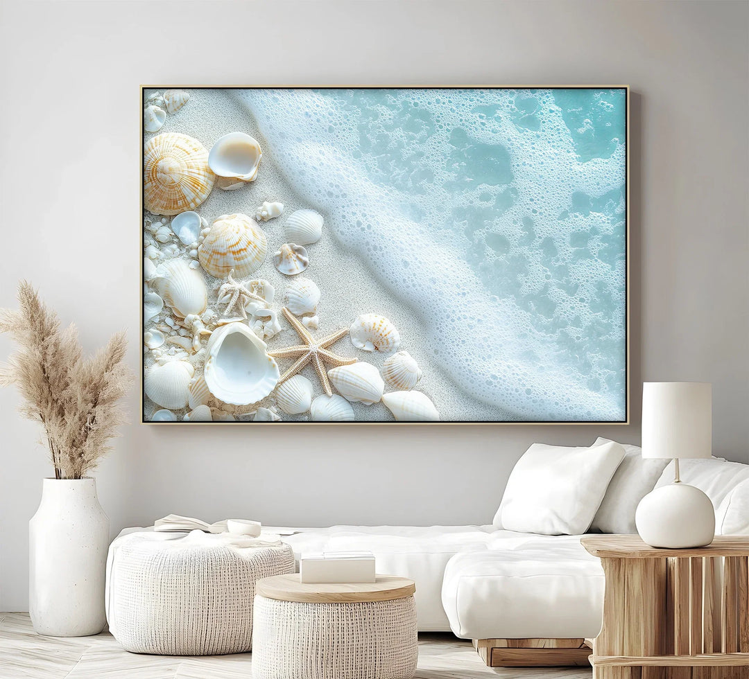 Coastal Calm – Seashells and Shoreline Foam Canvas Print - MyPhotoStation