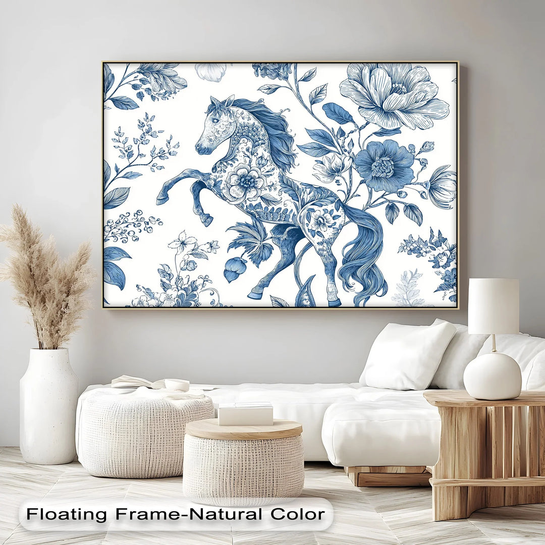 Floral Stallion Illustration – Blue Botanical Horse Canvas Print - MyPhotoStation