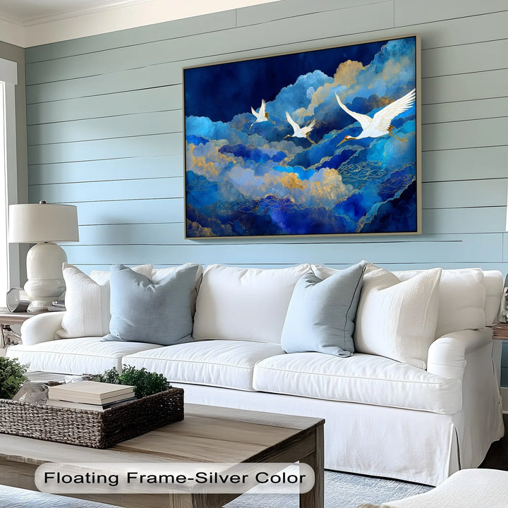 Celestial Cranes in Blue Skies – Elegant Flying Birds Canvas Print - MyPhotoStation