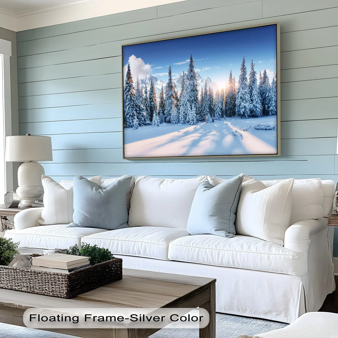 Silent Pines in Winter Sun – Snowy Forest Landscape Canvas Print