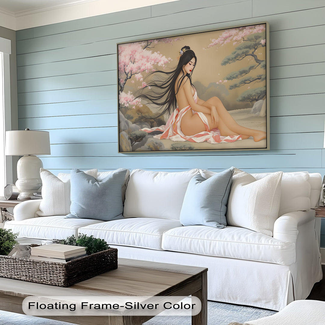 Asian Woman with Cherry Blossoms – Erotic Canvas Wall Art | Nude Art