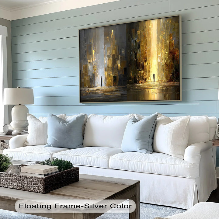 Futuristic corridor of gold and grey canvas wall art with lone figure