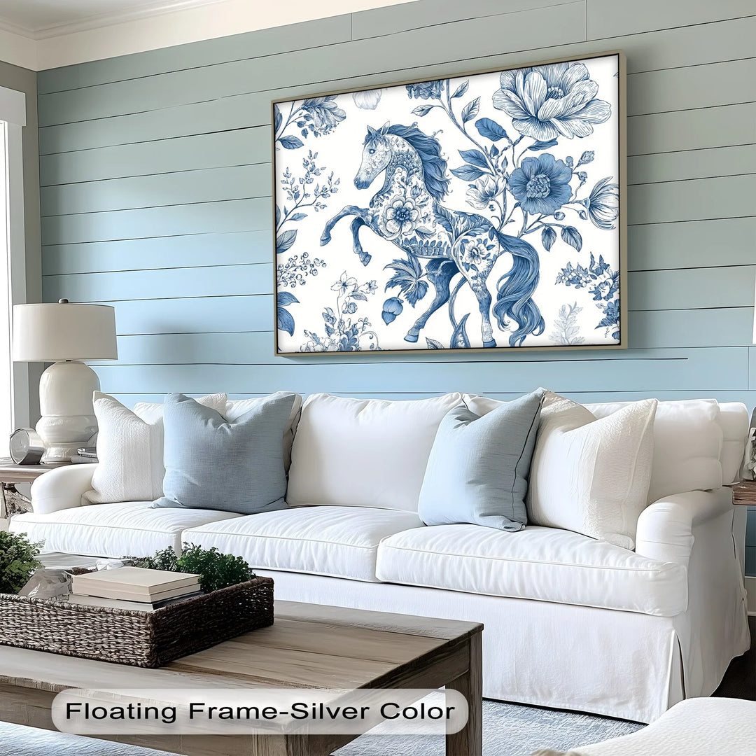 Floral Stallion Illustration – Blue Botanical Horse Canvas Print - MyPhotoStation