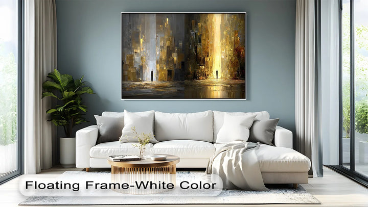 Contemporary abstract figure walking toward radiant divide canvas