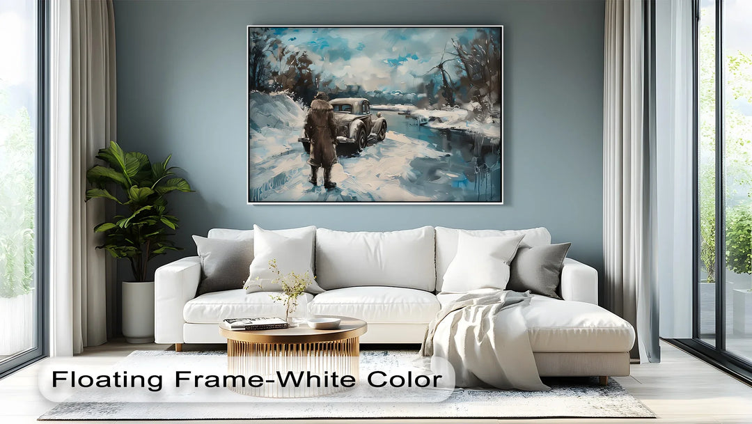 Vintage Car Scene in Snowy Landscape - Car Canvas Print