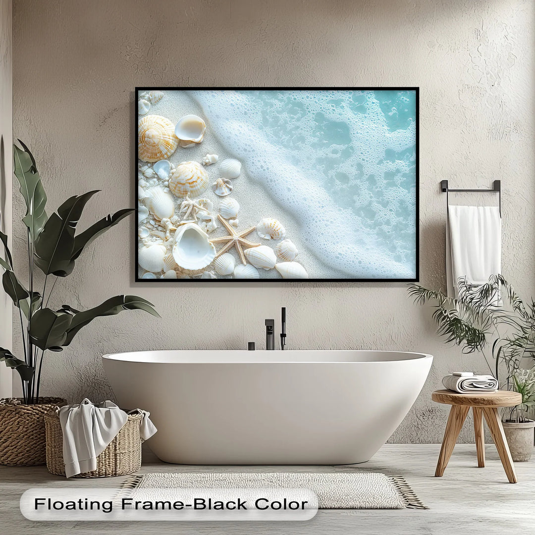 Coastal Calm – Seashells and Shoreline Foam Canvas Print - MyPhotoStation