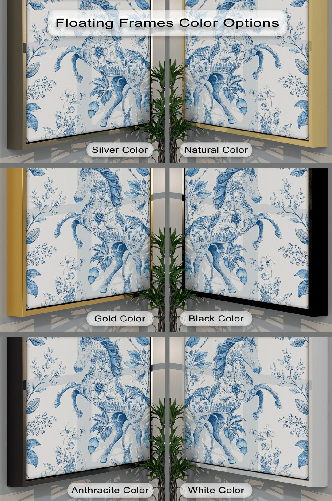 Floral Stallion Illustration – Blue Botanical Horse Canvas Print - MyPhotoStation