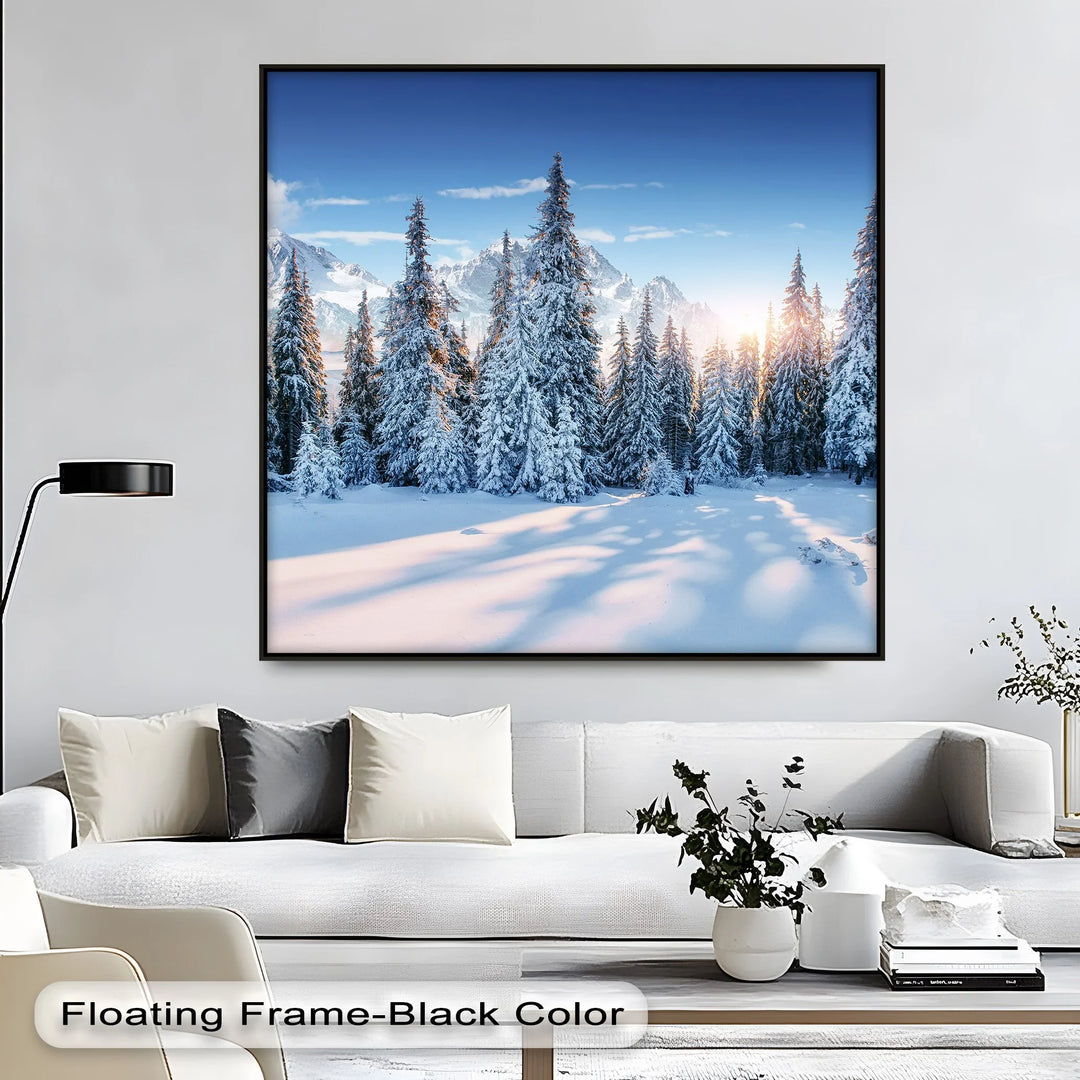 Silent Pines in Winter Sun – Snowy Forest Landscape Canvas Print
