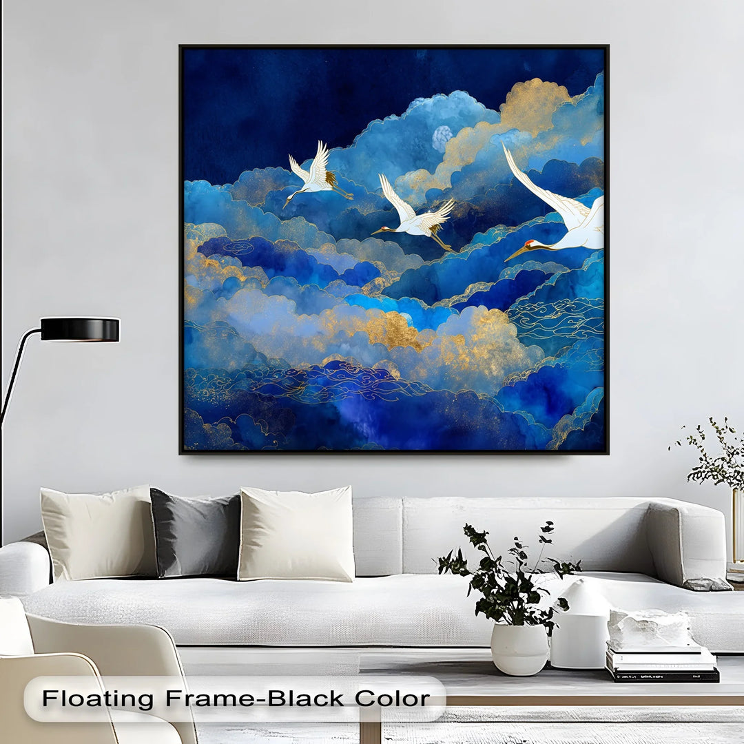 Celestial Cranes in Blue Skies – Elegant Flying Birds Canvas Print - MyPhotoStation