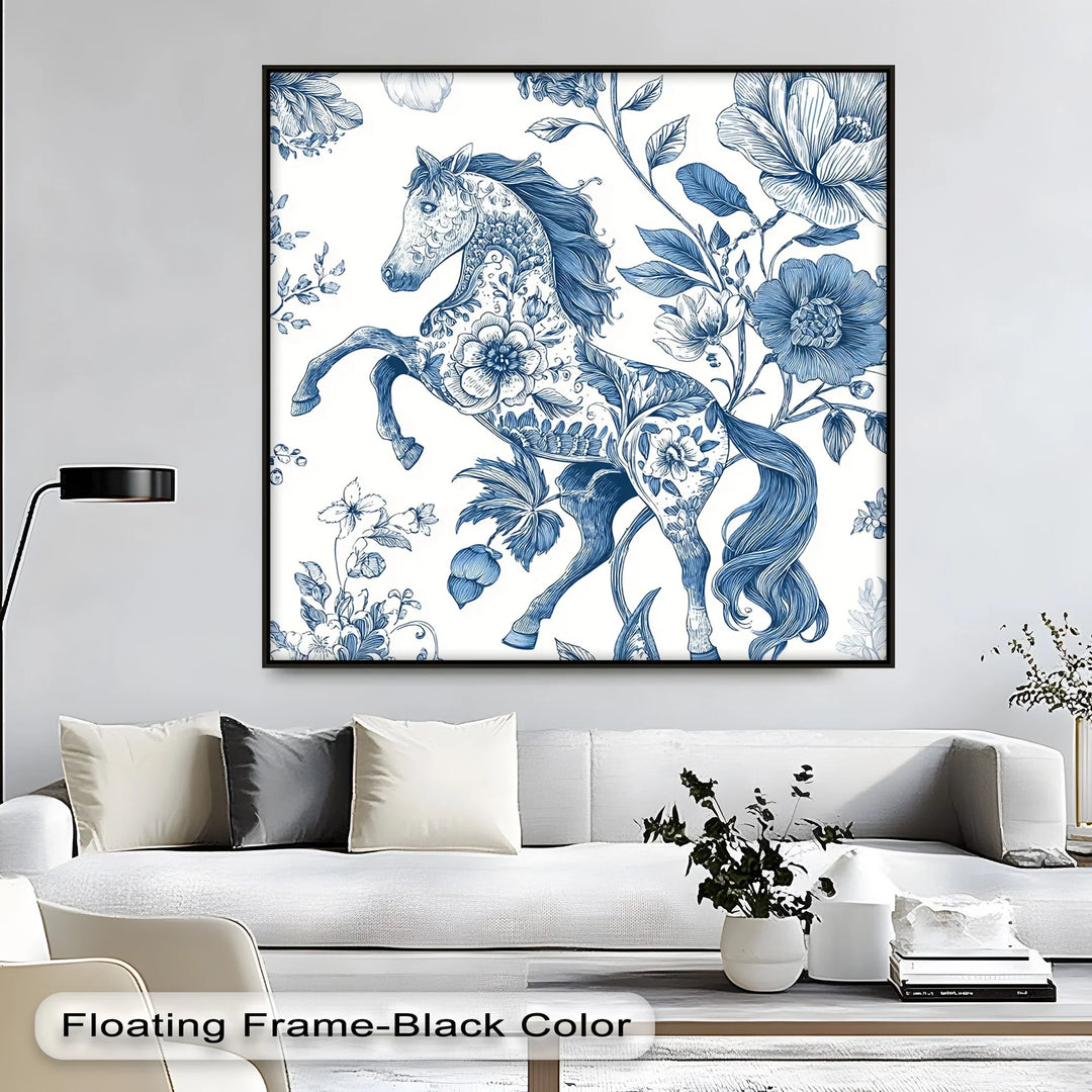Floral Stallion Illustration – Blue Botanical Horse Canvas Print - MyPhotoStation