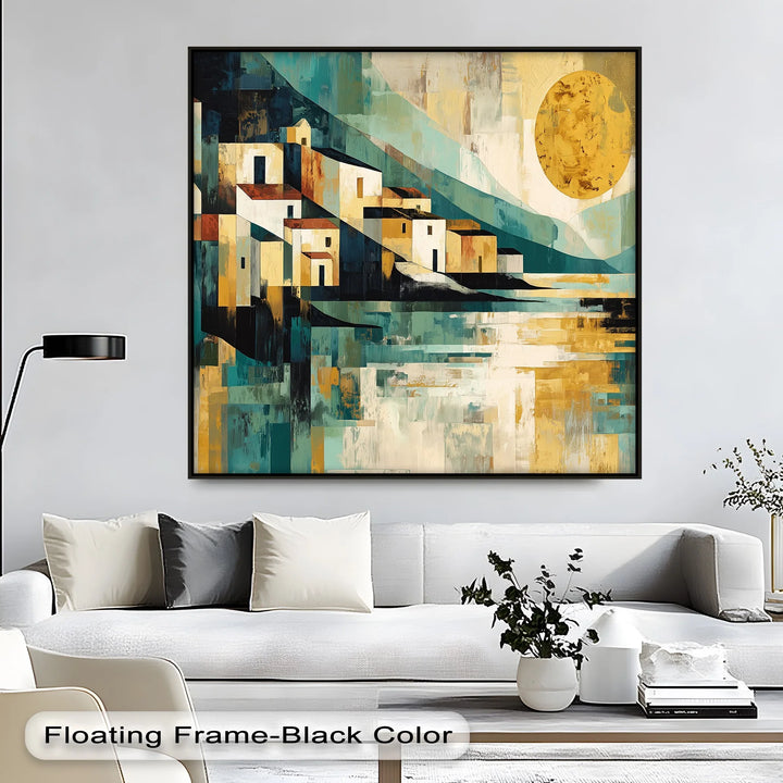 Stylized coastal cityscape artwork in turquoise, ochre, and cream
