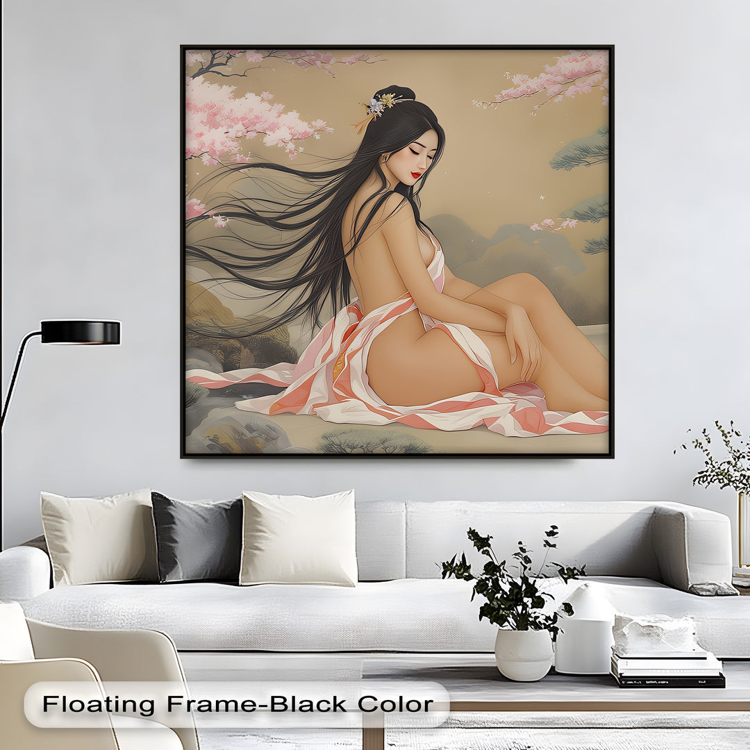 Asian Woman with Cherry Blossoms – Erotic Canvas Wall Art | Nude Art
