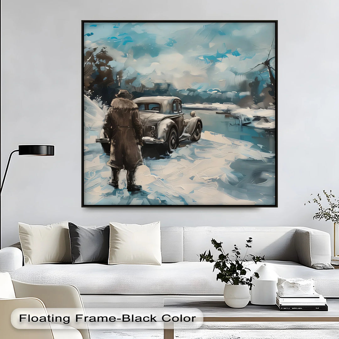 Vintage Car Scene in Snowy Landscape - Car Canvas Print