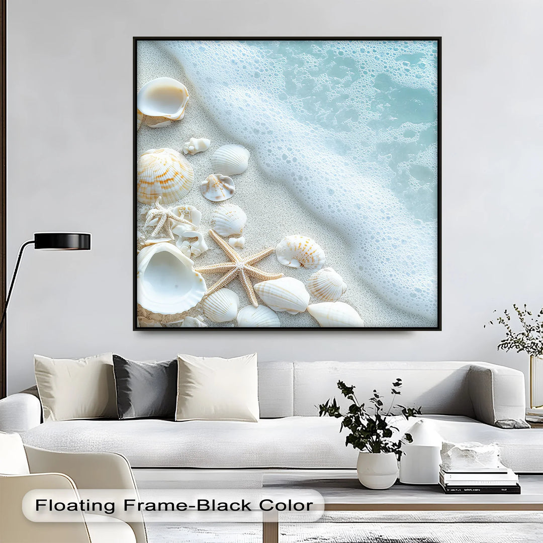 A tranquil coastal canvas that blends nature’s detail and elegance—this artwork delivers calm through soft waves and intricate shells.