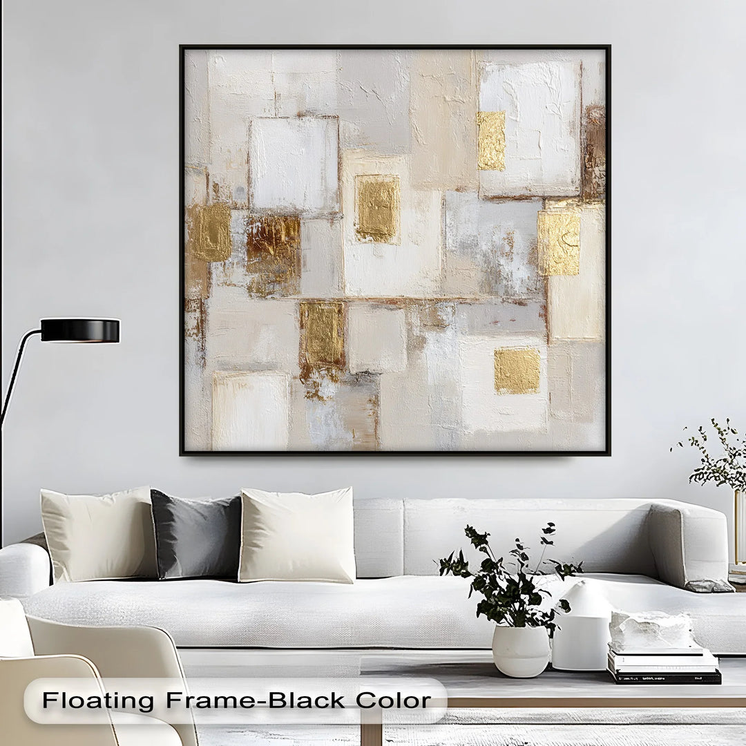 Minimalist neutral abstract painting with gilded modern shapes
