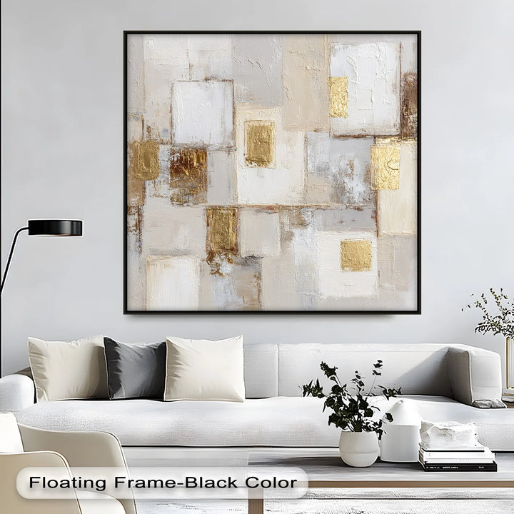 Minimalist neutral abstract painting with gilded modern shapes