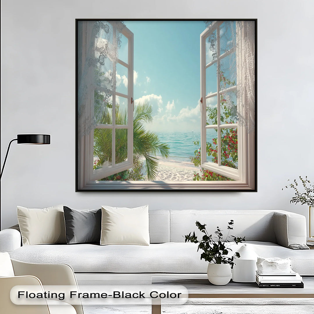 Ocean View Through Lace Window – Coastal Canvas Print Wall Art - MyPhotoStation