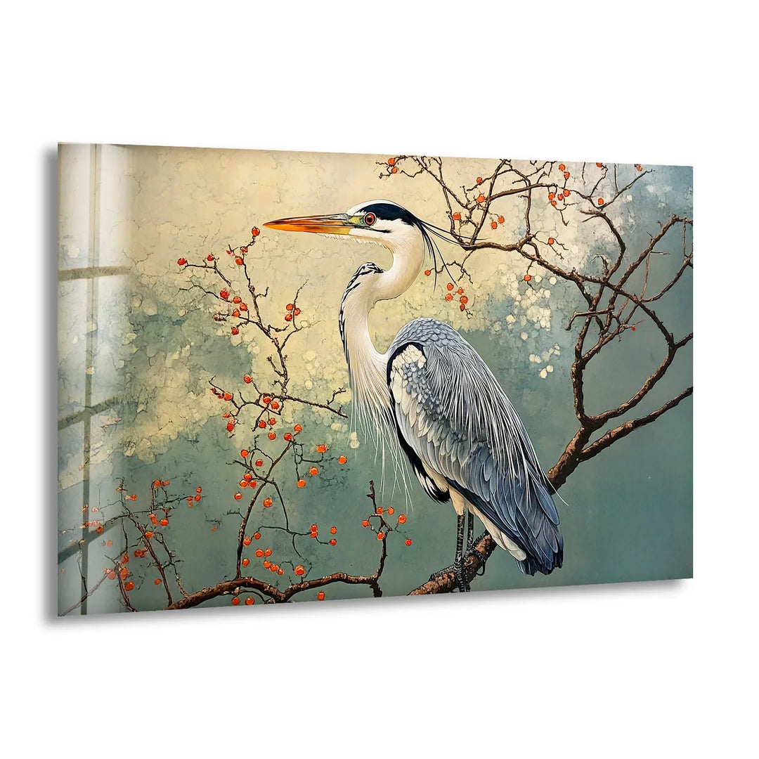 Serenity in Bloom – Heron Among Blossoms Glass Wall Art - MyPhotoStation