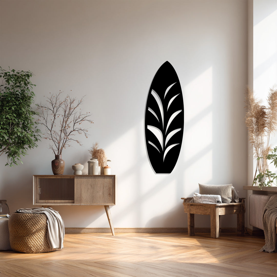 Black Surfboard Metal Wall Art – Tropical Leaf Design Coastal Decor