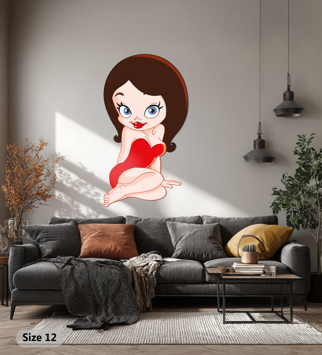 Cartoon Woman Metal Wall Art – Playful Red Dress Modern Wall Decor