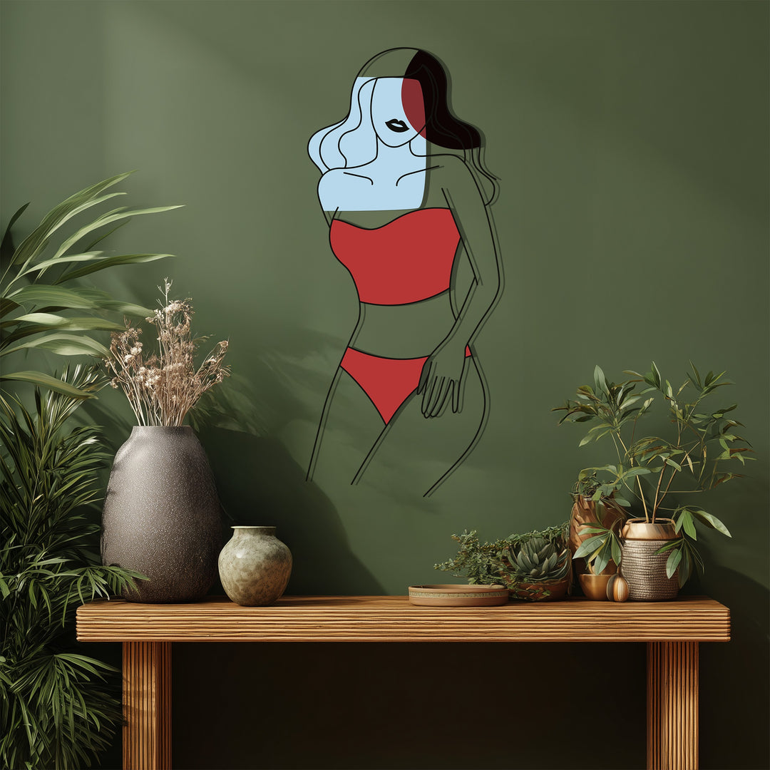 Abstract Woman in Red Metal Wall Art – Modern Minimalist Home Decor