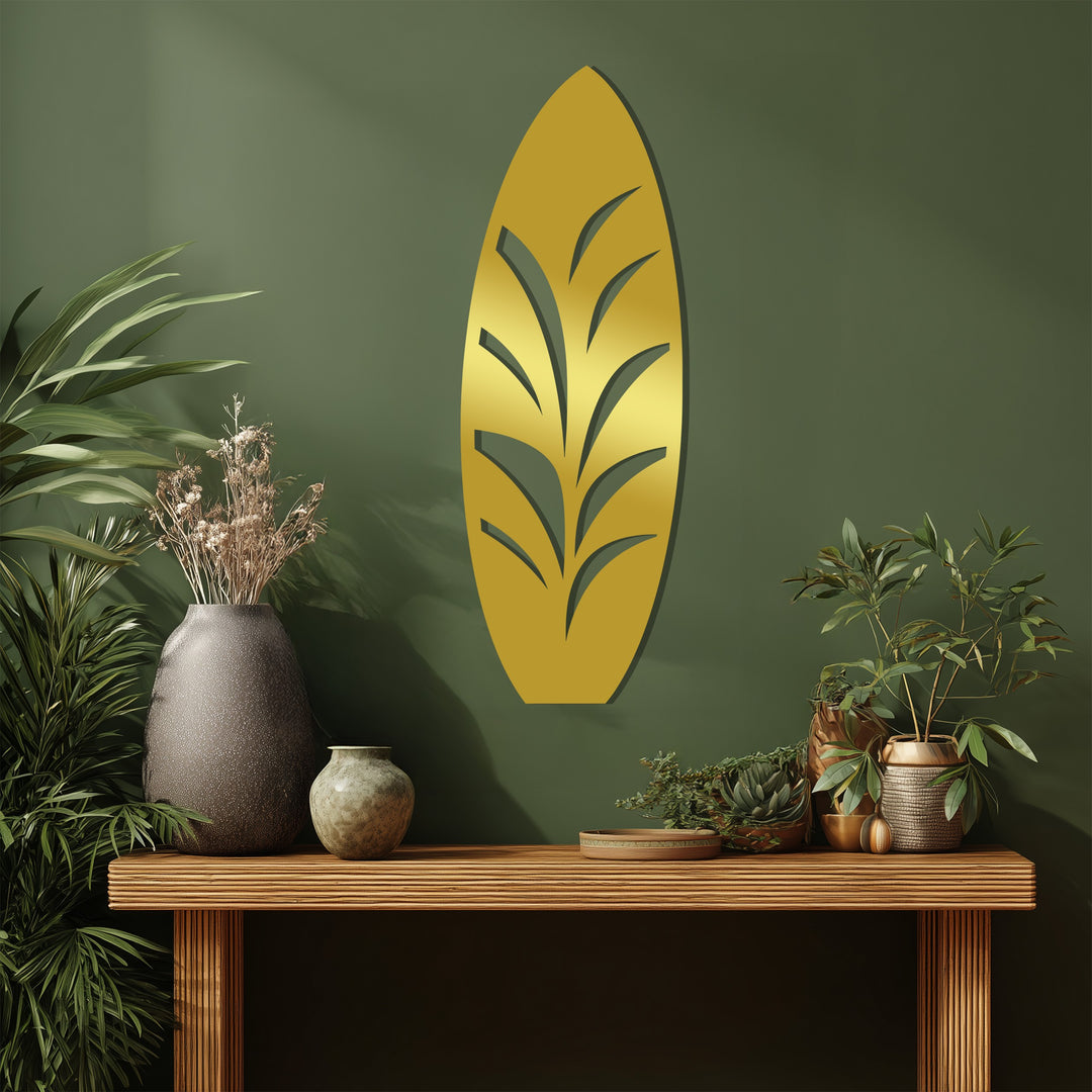 Black Surfboard Metal Wall Art – Tropical Leaf Design Coastal Decor